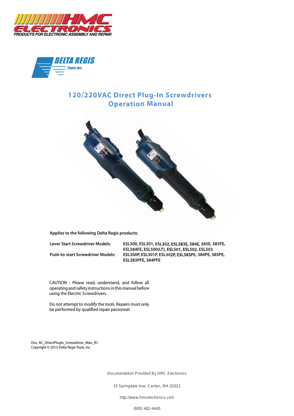 ESL300 Delta Regis Electric Screwdriver, Direct Plug-in