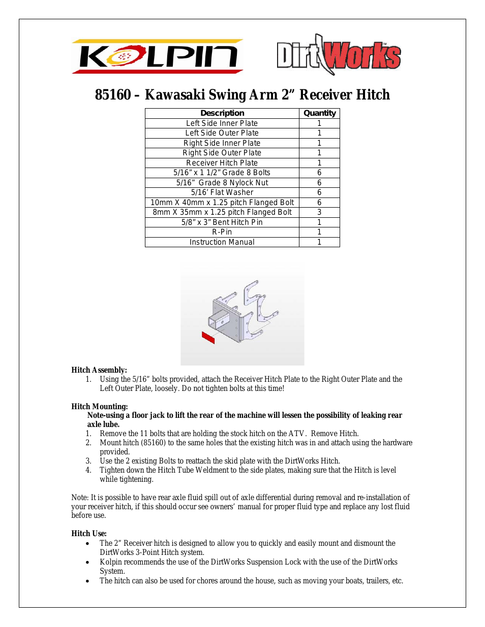 85160 – Kawasaki Swing Arm 2 Receiver Hitch