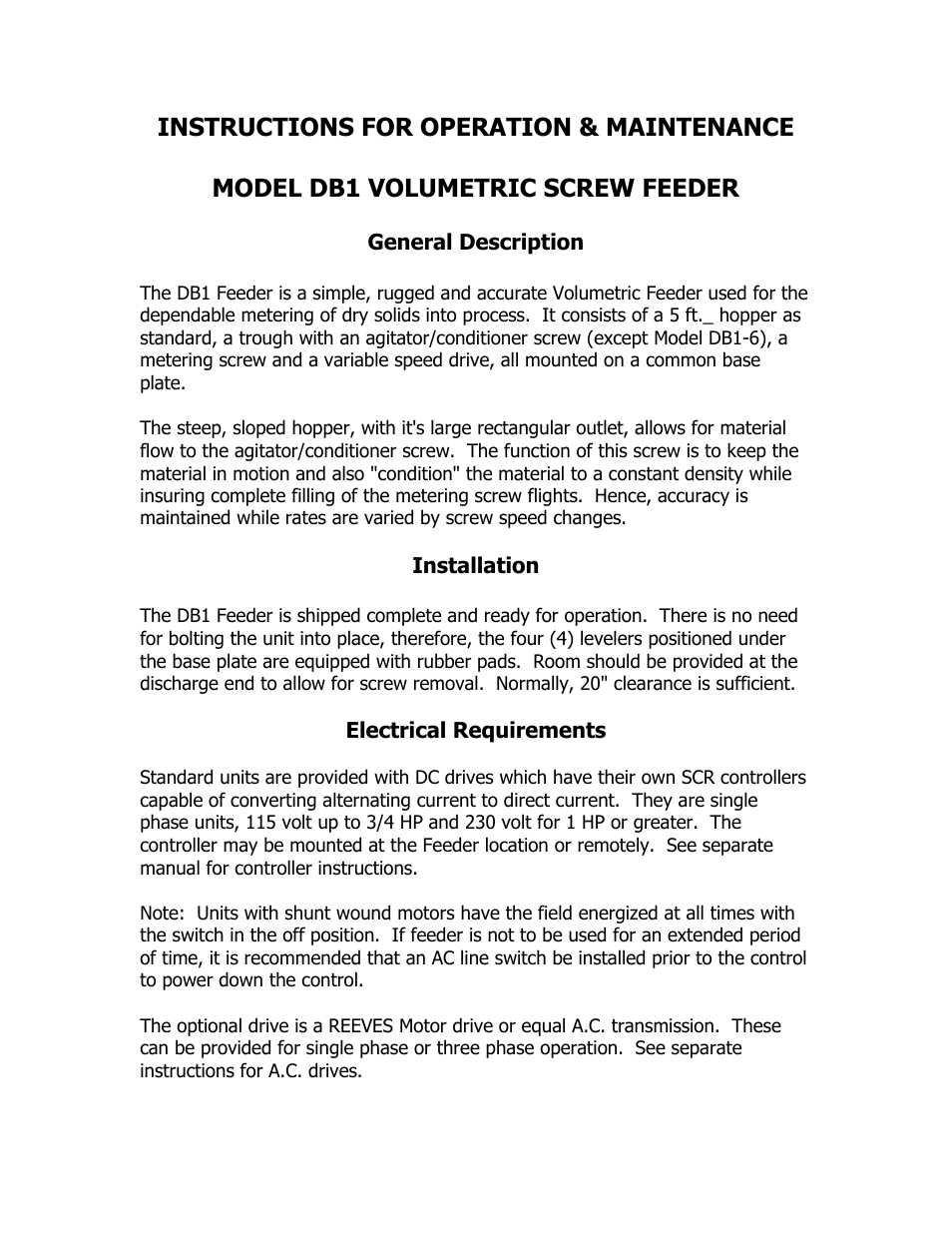 Model DBI Volumetric Screw Feeder