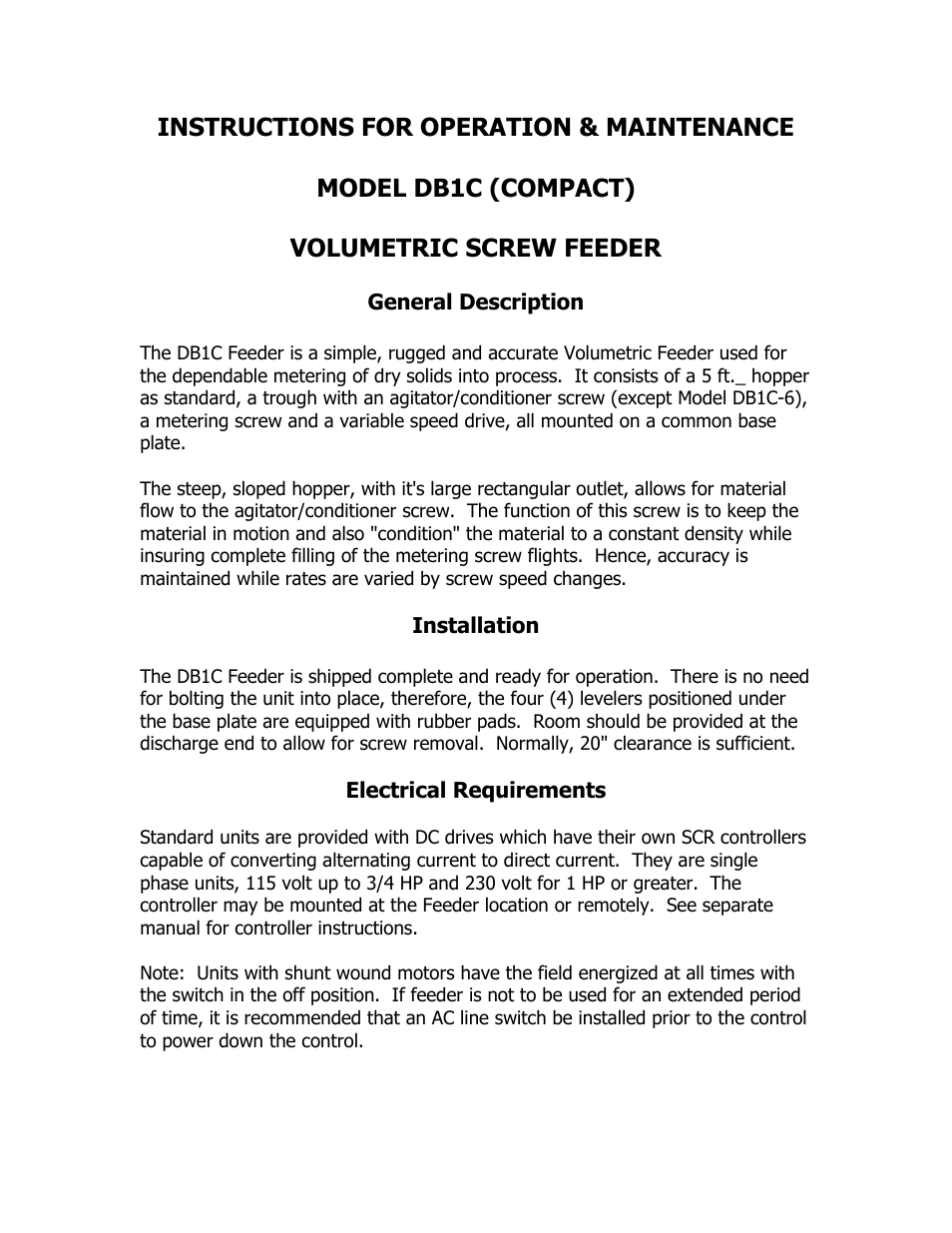 Model DBIC (compact) Volumetric Screw Feeder