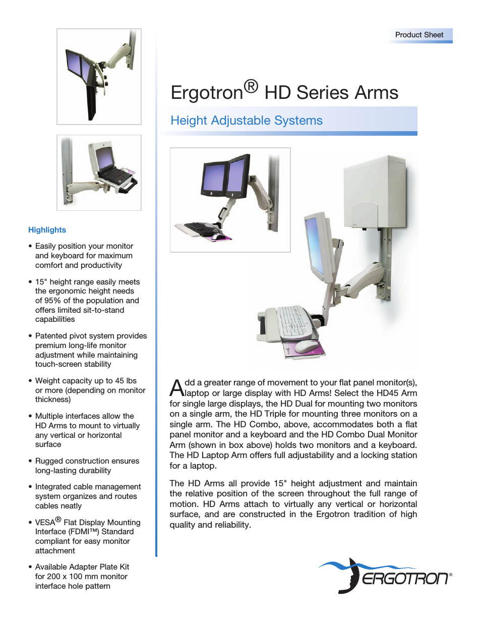 Height Adjustable Systems HD Series Arms