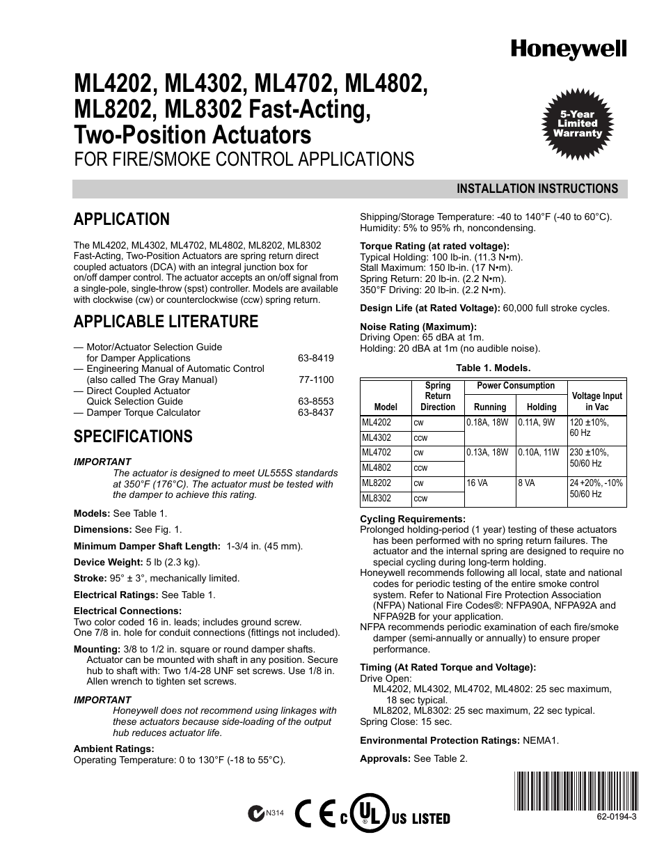 TWO-POSITION ACTUATORS ML4302