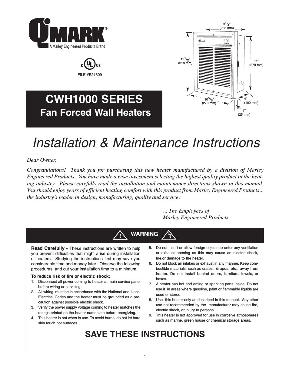 CWH1000 Series - Commercial Fan-Forced Wall Heaters