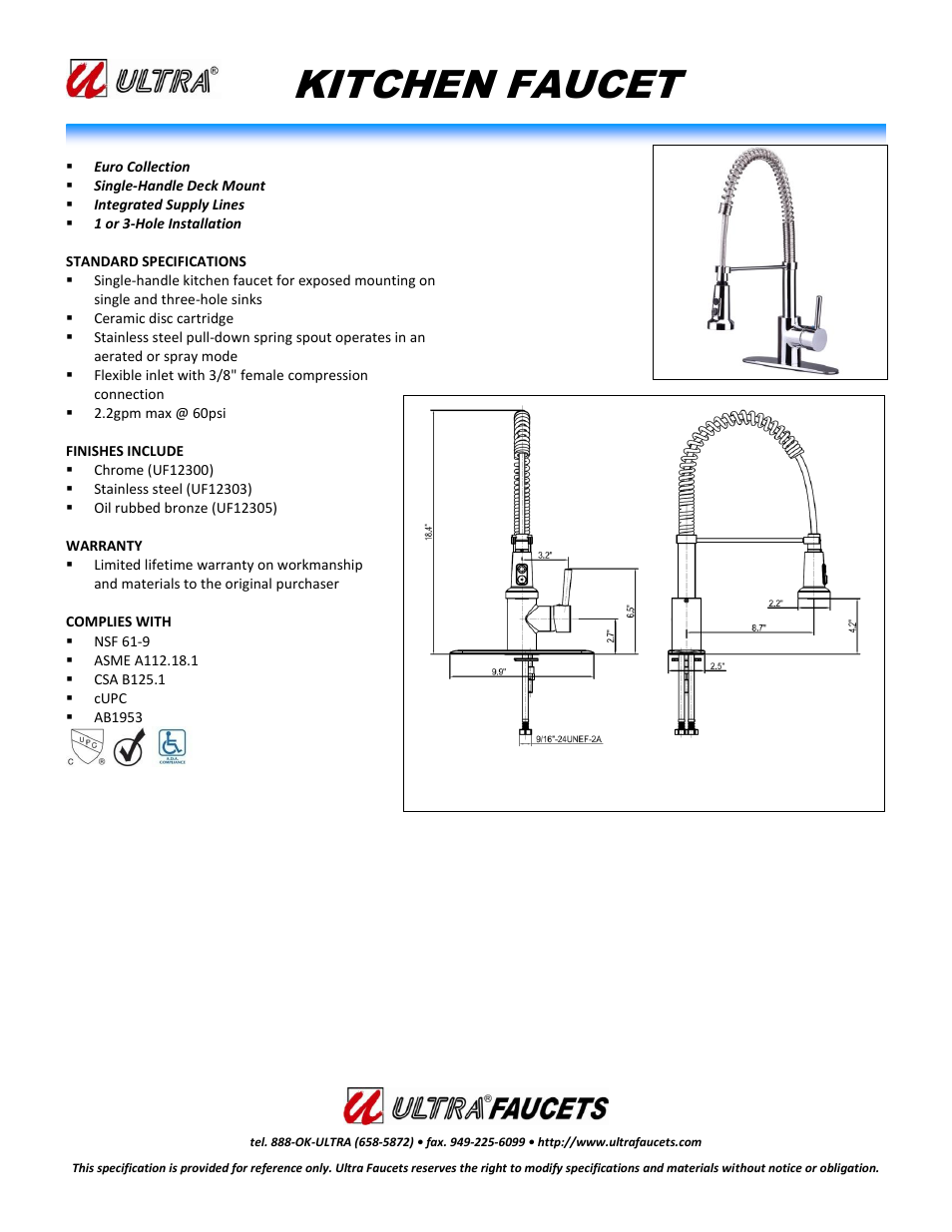 "EURO COLLECTIONSINGLE-HANDLE KITCHEN FAUCET WITH SPRING SPOUT"
