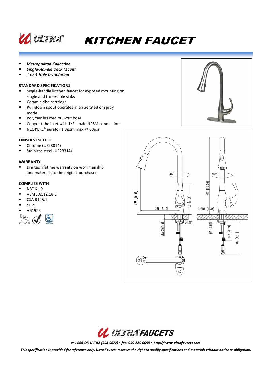 "METROPOLITAN COLLECTIONSINGLE-HANDLE KITCHEN FAUCET WITH PULL-DOWN SPRAY"
