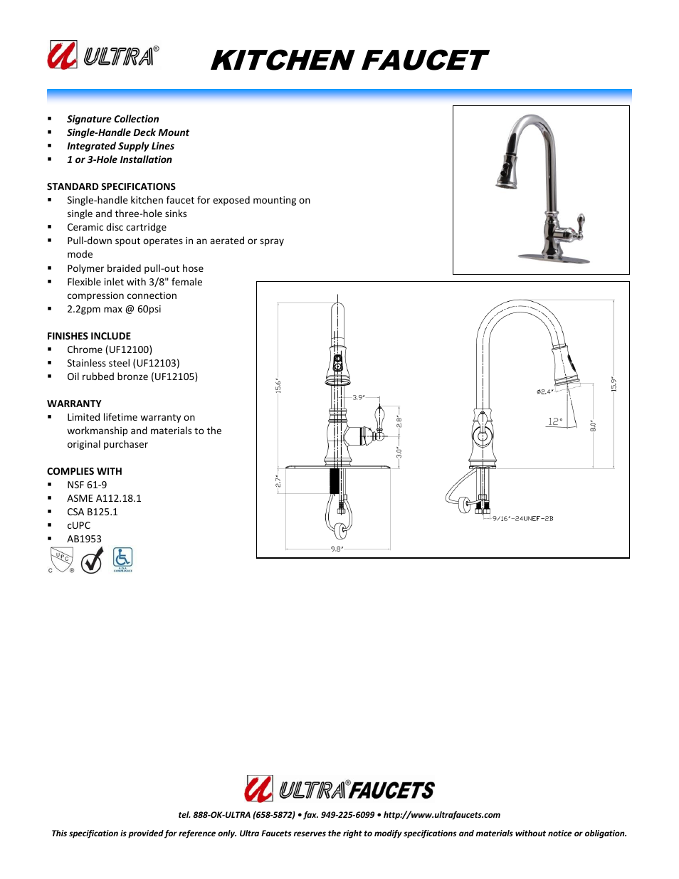 "SIGNATURE COLLECTIONSINGLE-HANDLE KITCHEN FAUCET WITH PULL-DOWN SPRAY"