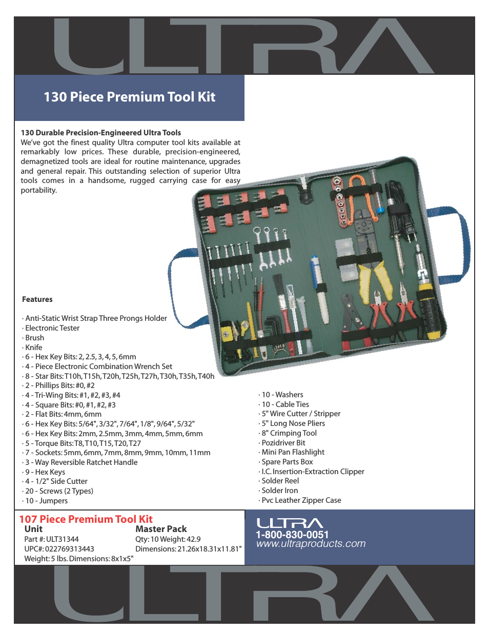 130 Piece Premium Tool Kit ULT31344
