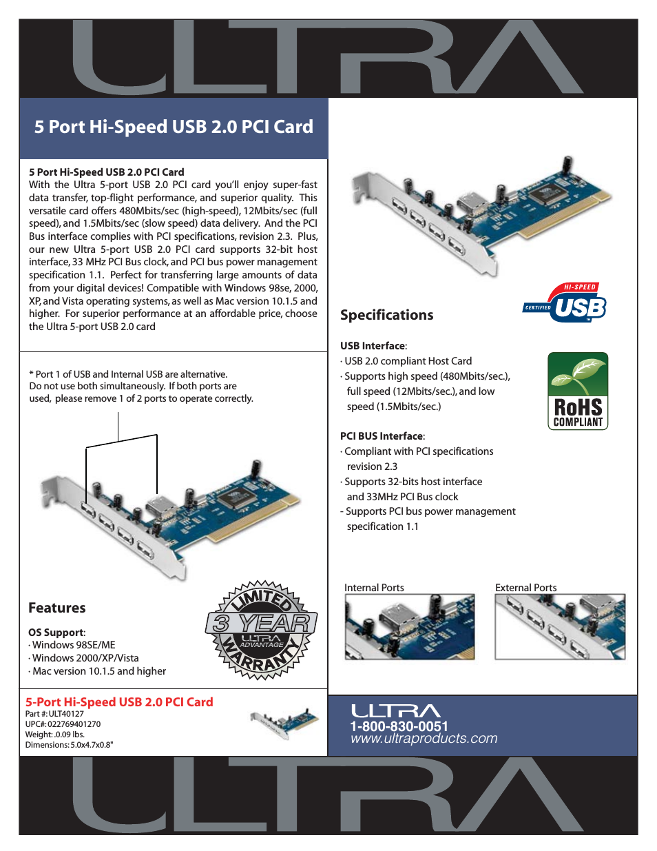 5 Port Hi-Speed USB 2.0 PCI Card ULT40127