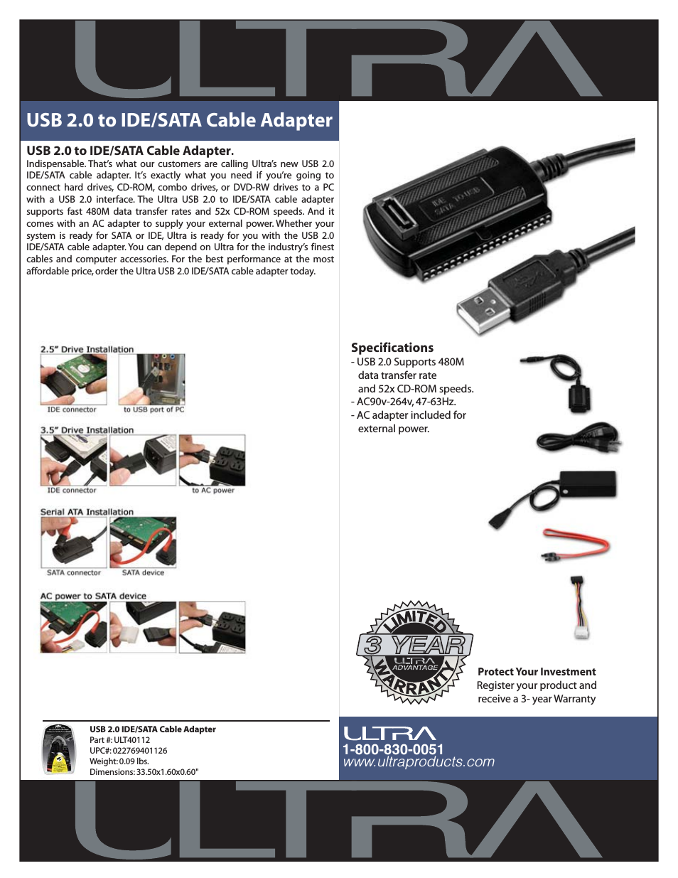 USB 2.0 to IDE/SATA Cable Adapter ULT40112