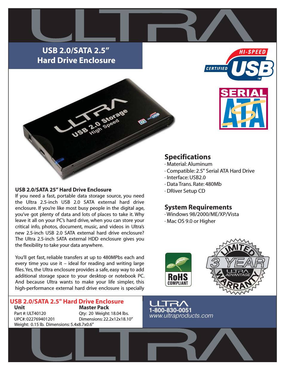 USB 2.0/SATA 2.5" Hard Drive Enclosure ULT40120
