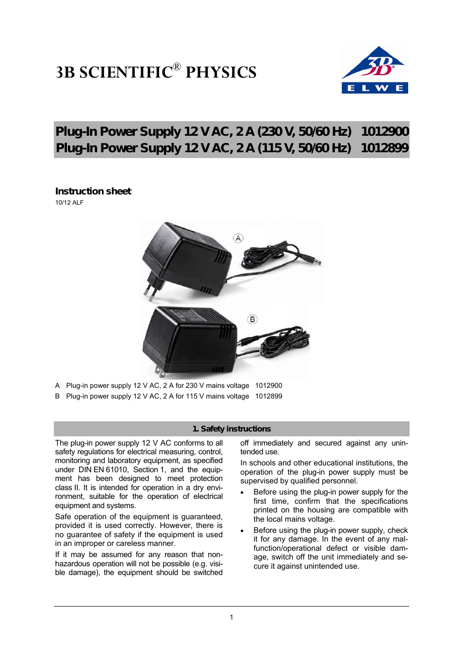 AC Plug-In Power Supply 12 V, 2000 mA (115 V, 50__60 Hz)