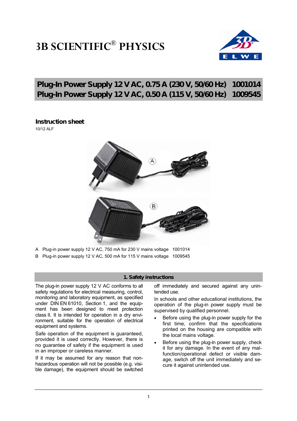 AC Plug-In Power Supply 12 V, 500 mA (115 V, 50__60 Hz)