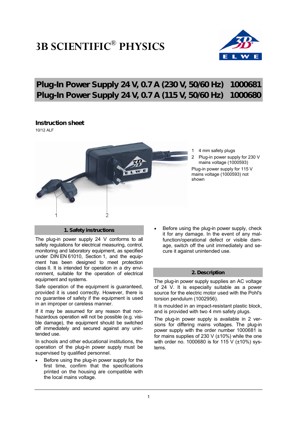 AC Plug-in Power Supply 24 V, 0.7 A (115 V, 50__60 Hz)
