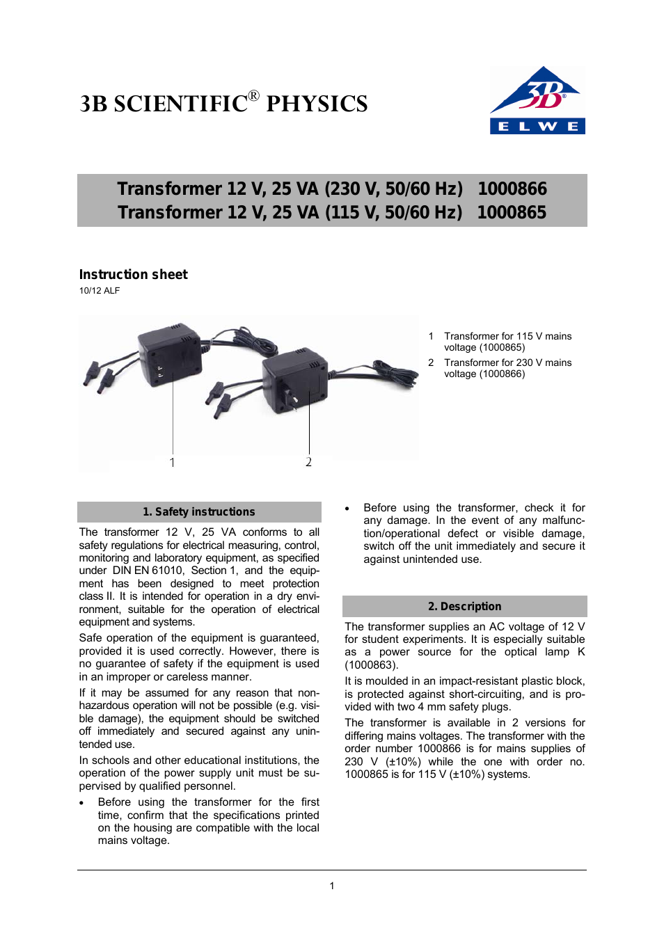 Transformer 12 V, 25 VA (115 V, 50__60 Hz)