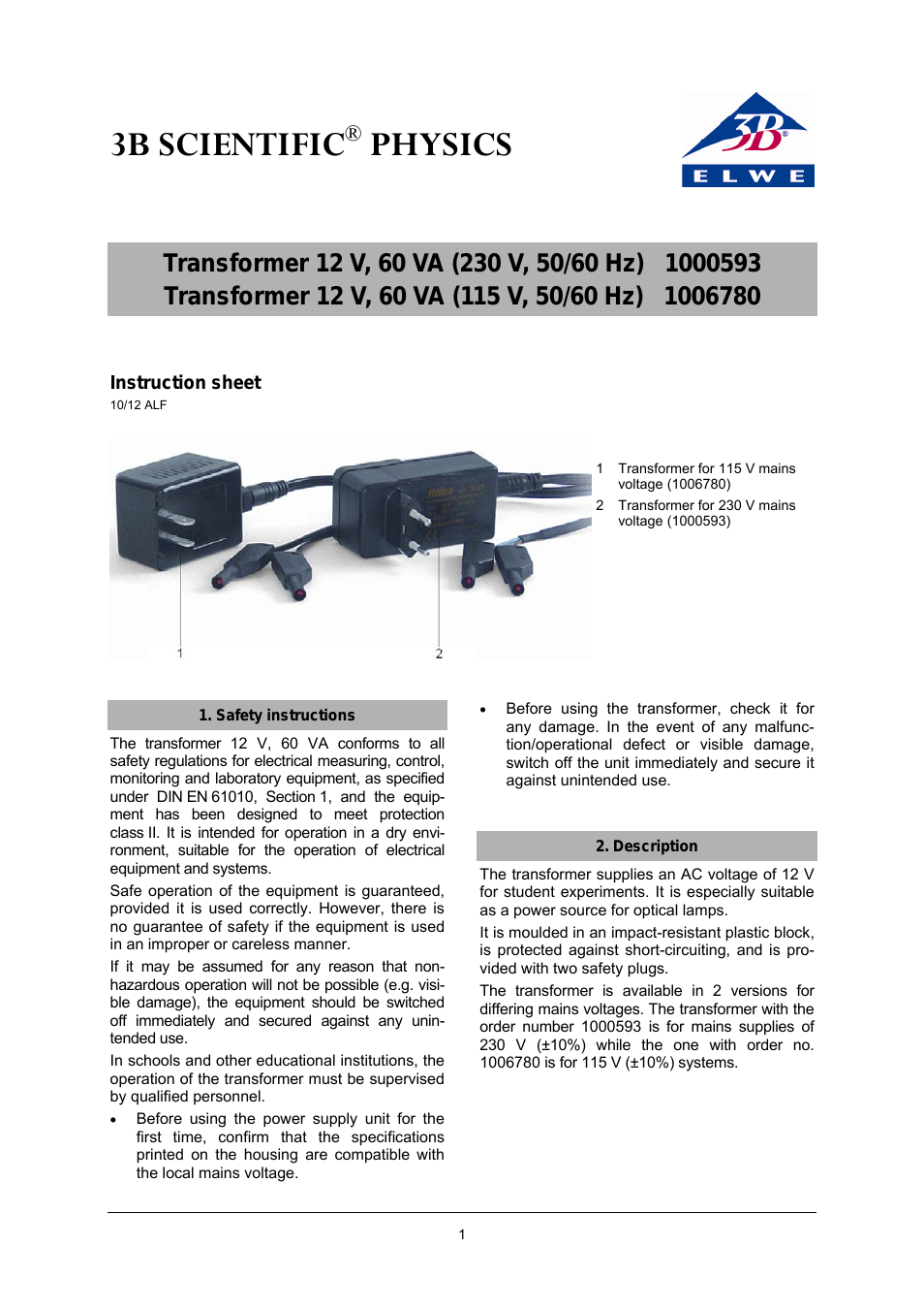 Transformer 12 V, 60 VA (115 V, 50__60 Hz)