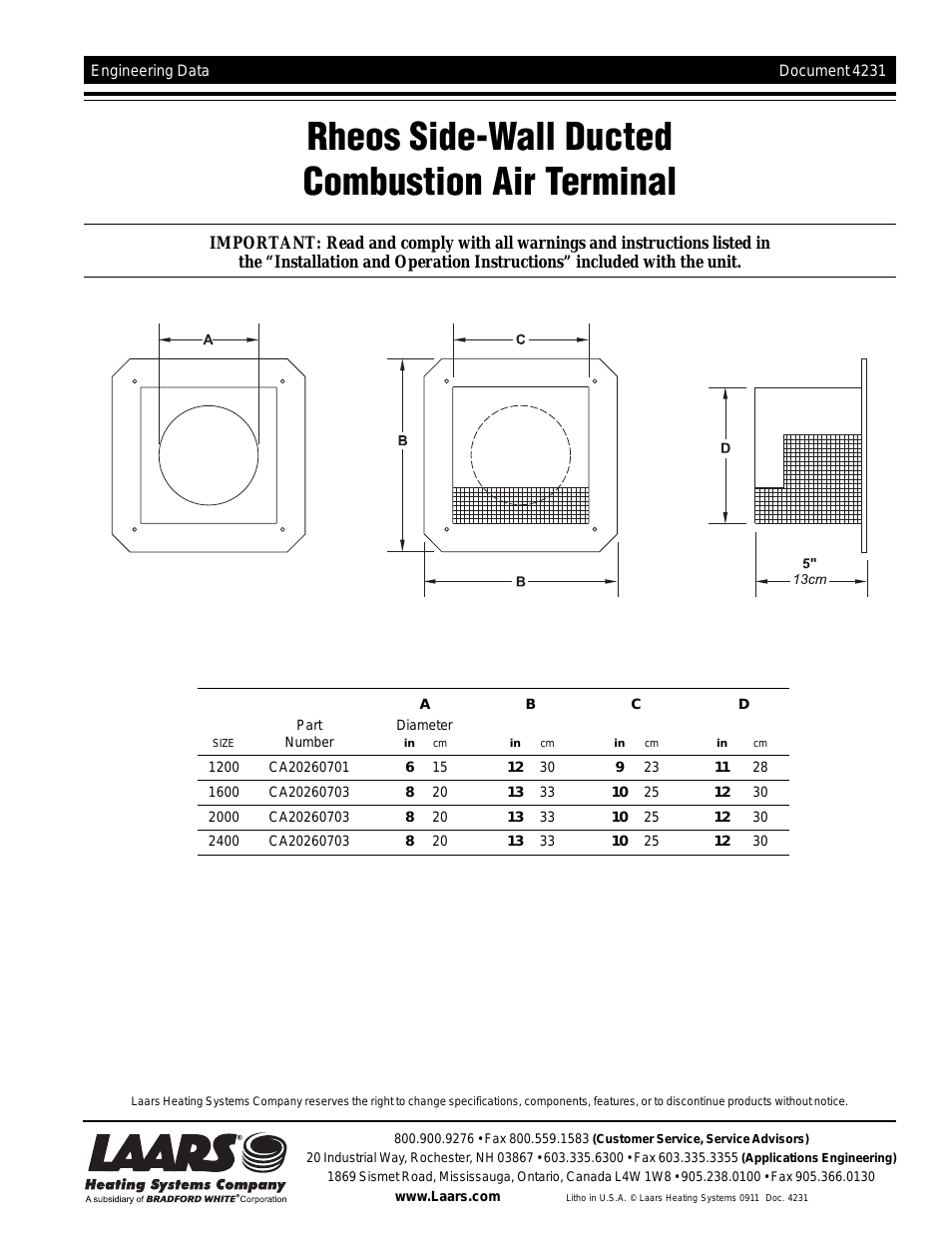 Rheos Side-Wall Ducted Combustion Air Terminal - Service Manual