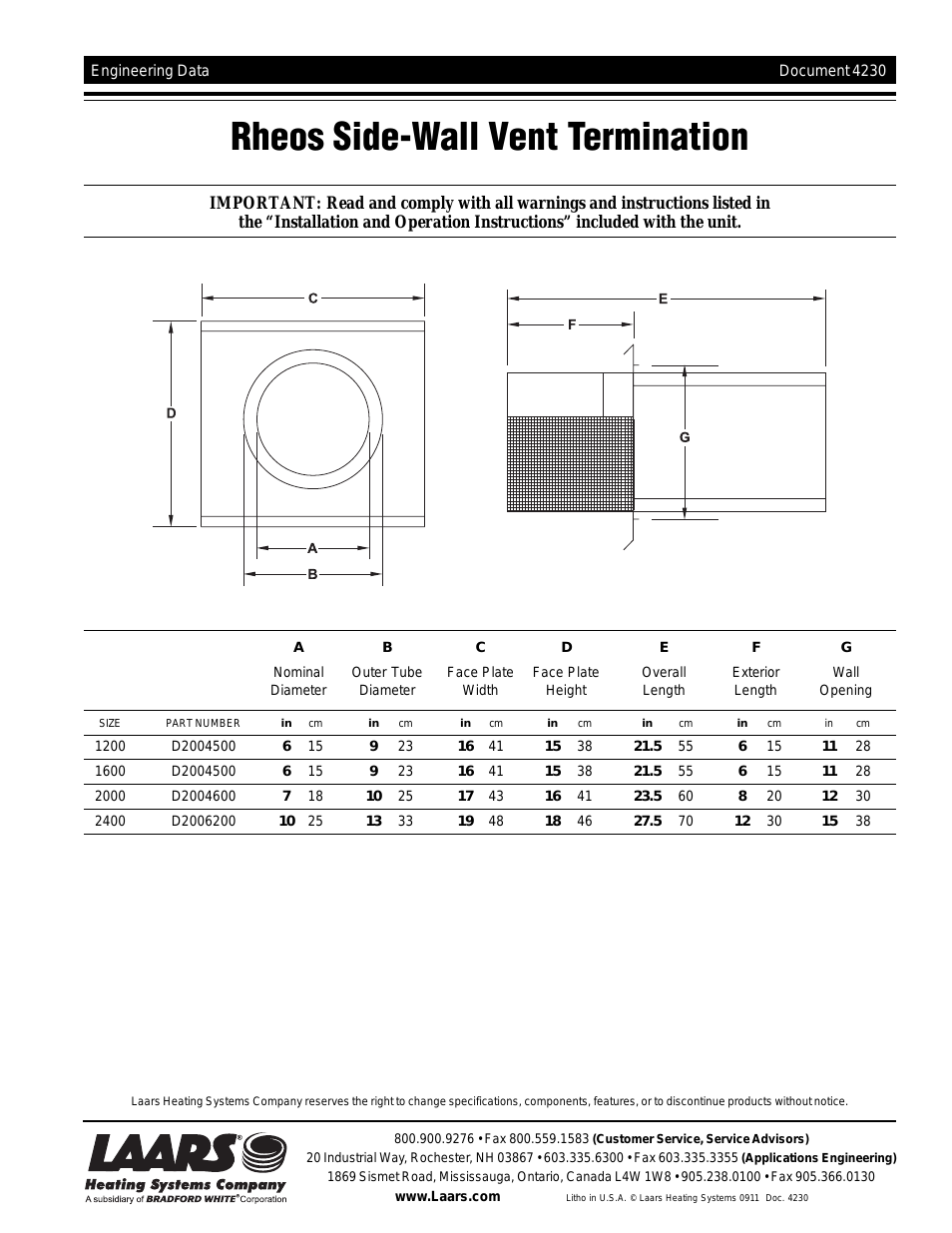 Rheos Side-Wall Vent Termination - Service Manual