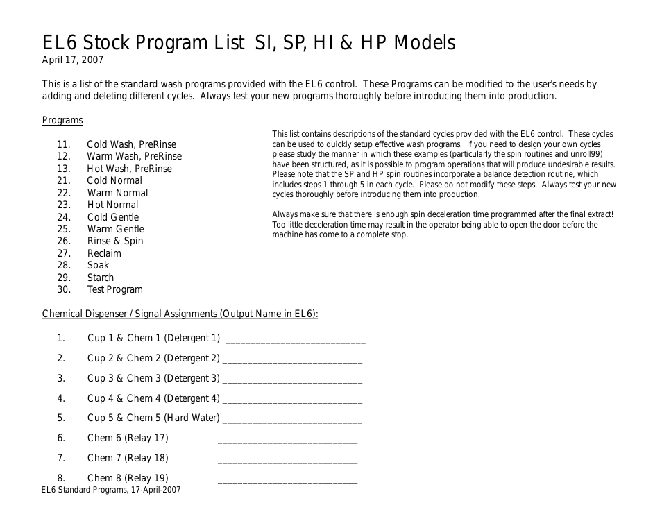 EL-6 Stock Programs Listing