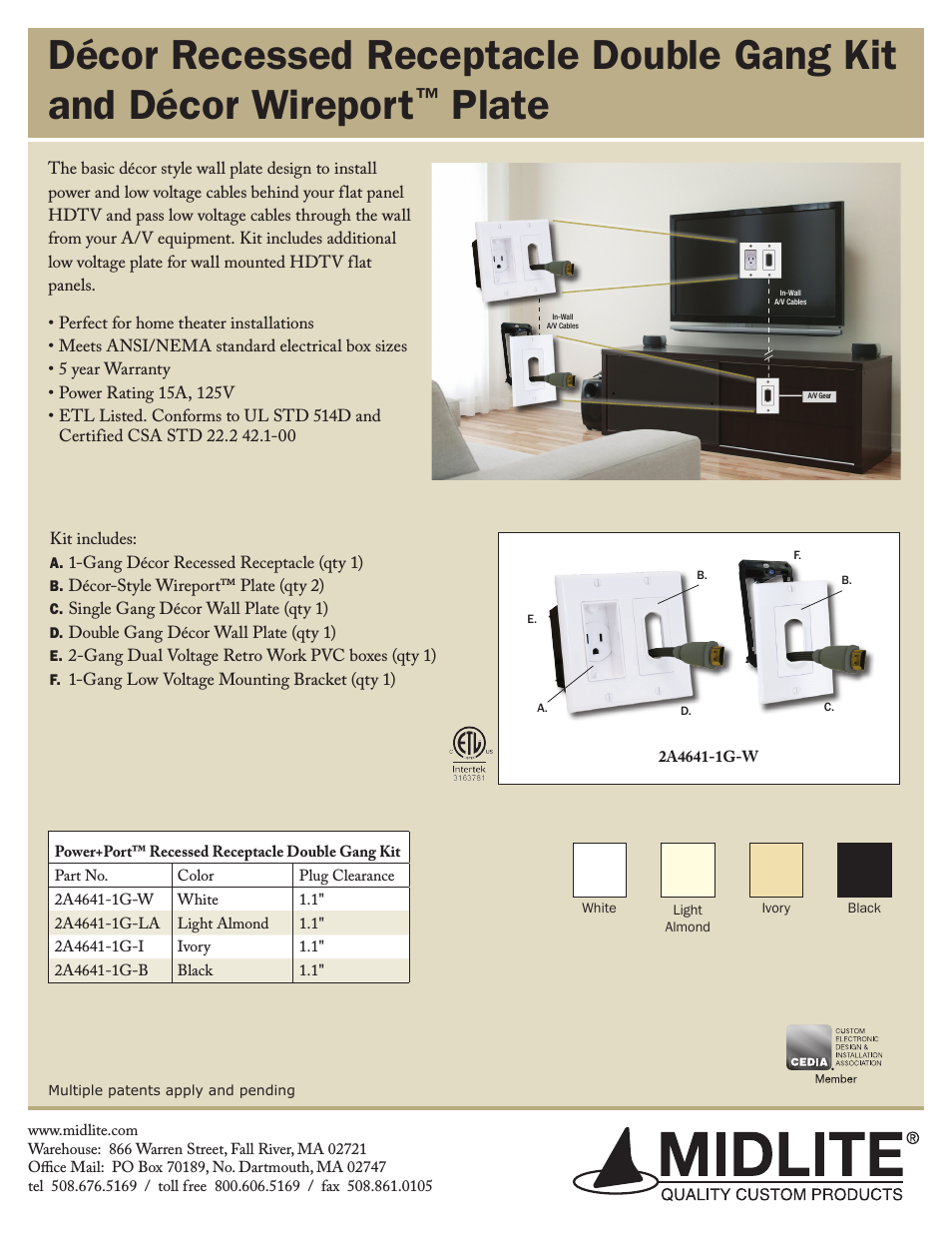 DÉCOR RECESSED RECEPTACLE DOUBLE GANG KIT AND DÉCOR WIREPORT PLATE