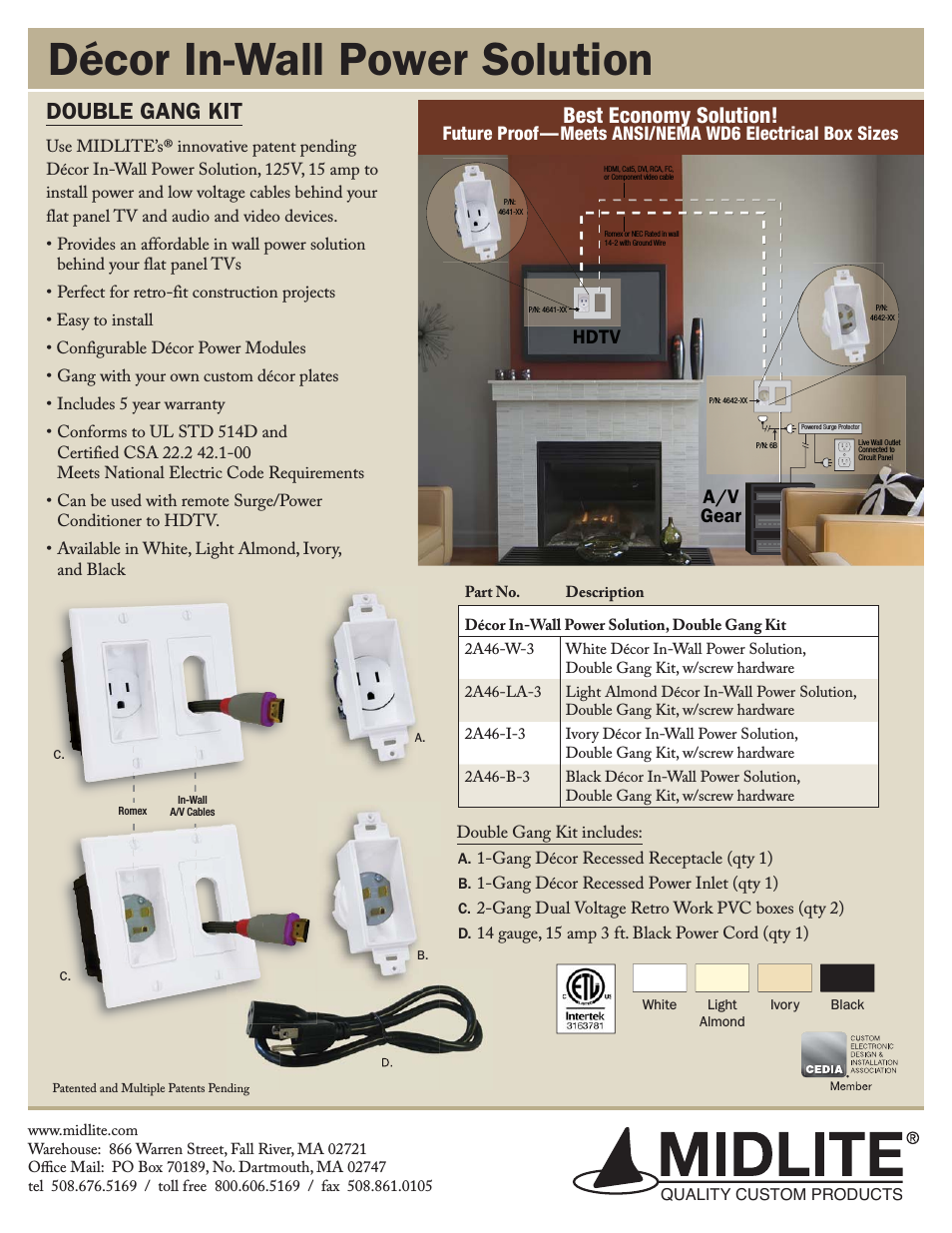 DOUBLE GANG DÉCOR IN-WALL POWER SOLUTION KIT WITH 3 FT CORD