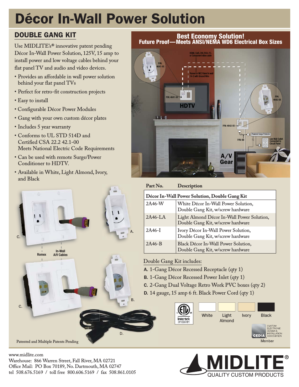 DOUBLE GANG DÉCOR IN-WALL POWER SOLUTION KIT WITH 6 FT CORD