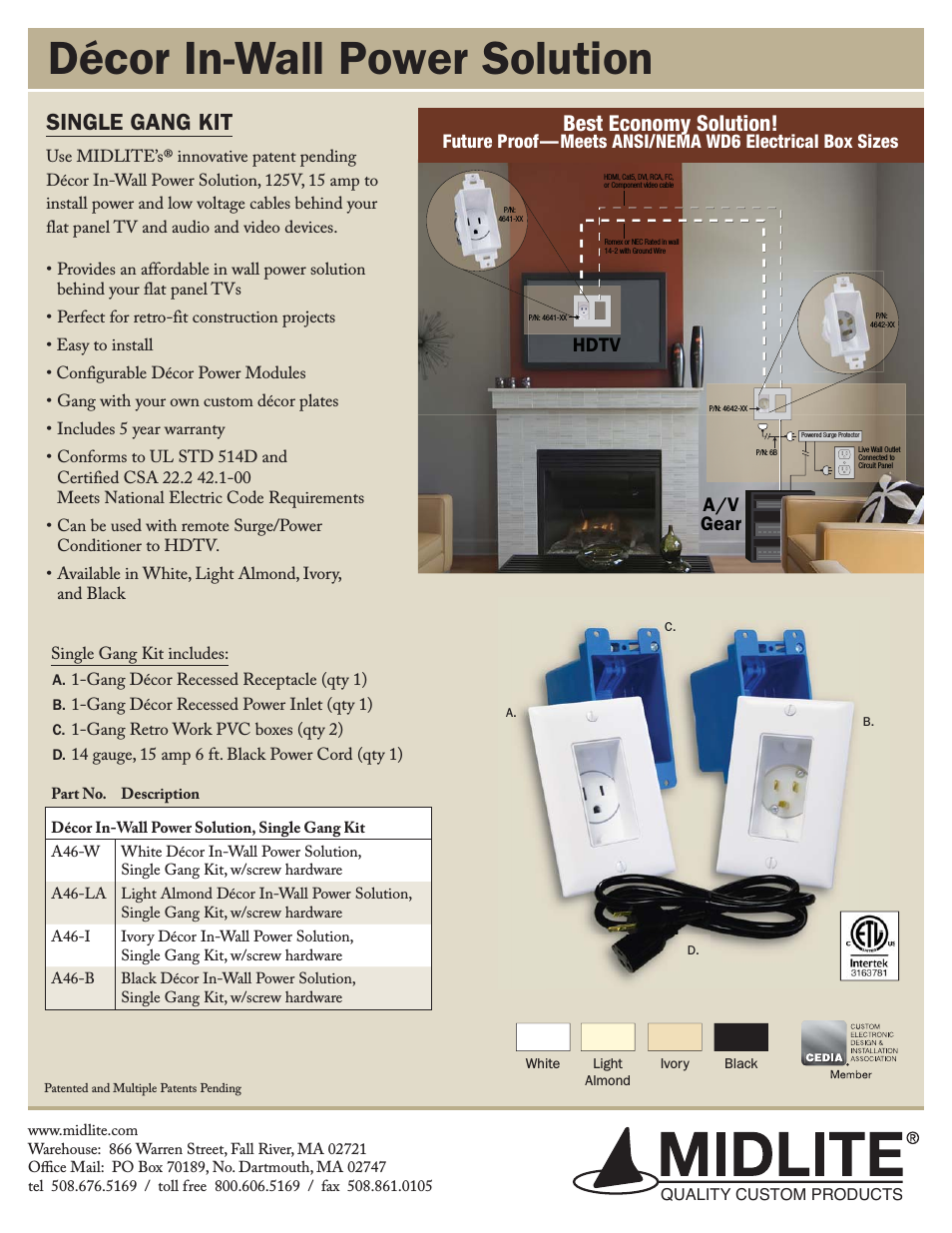 SINGLE GANG DÉCOR IN-WALL POWER SOLUTION KIT WITH 6 FT CORD