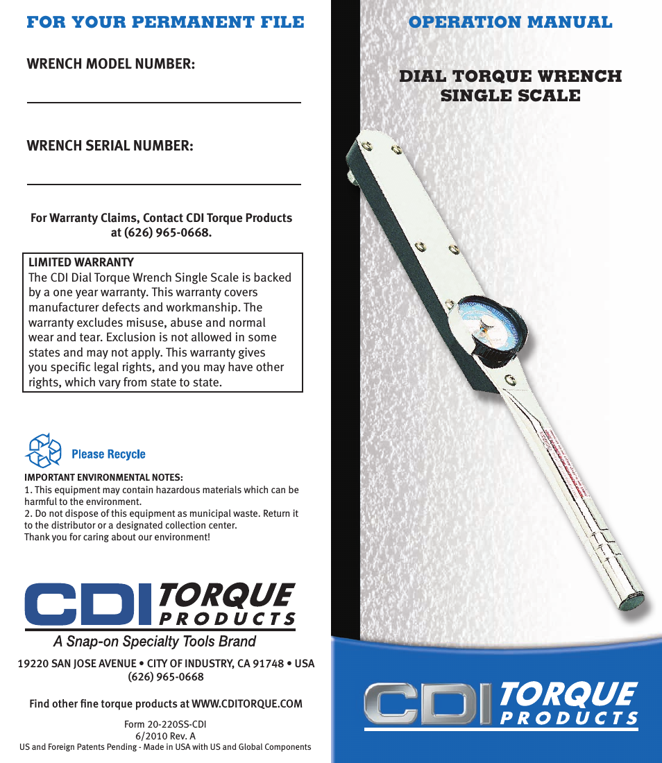 DIAL TORQUE WRENCH SINGLE SCALE