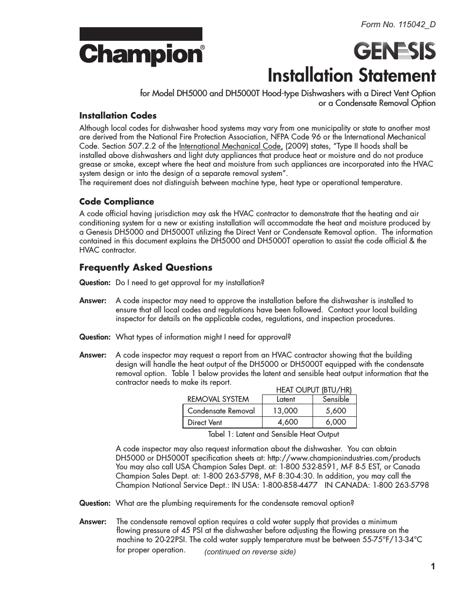 DH5000T Single Source Gas Installation Statement