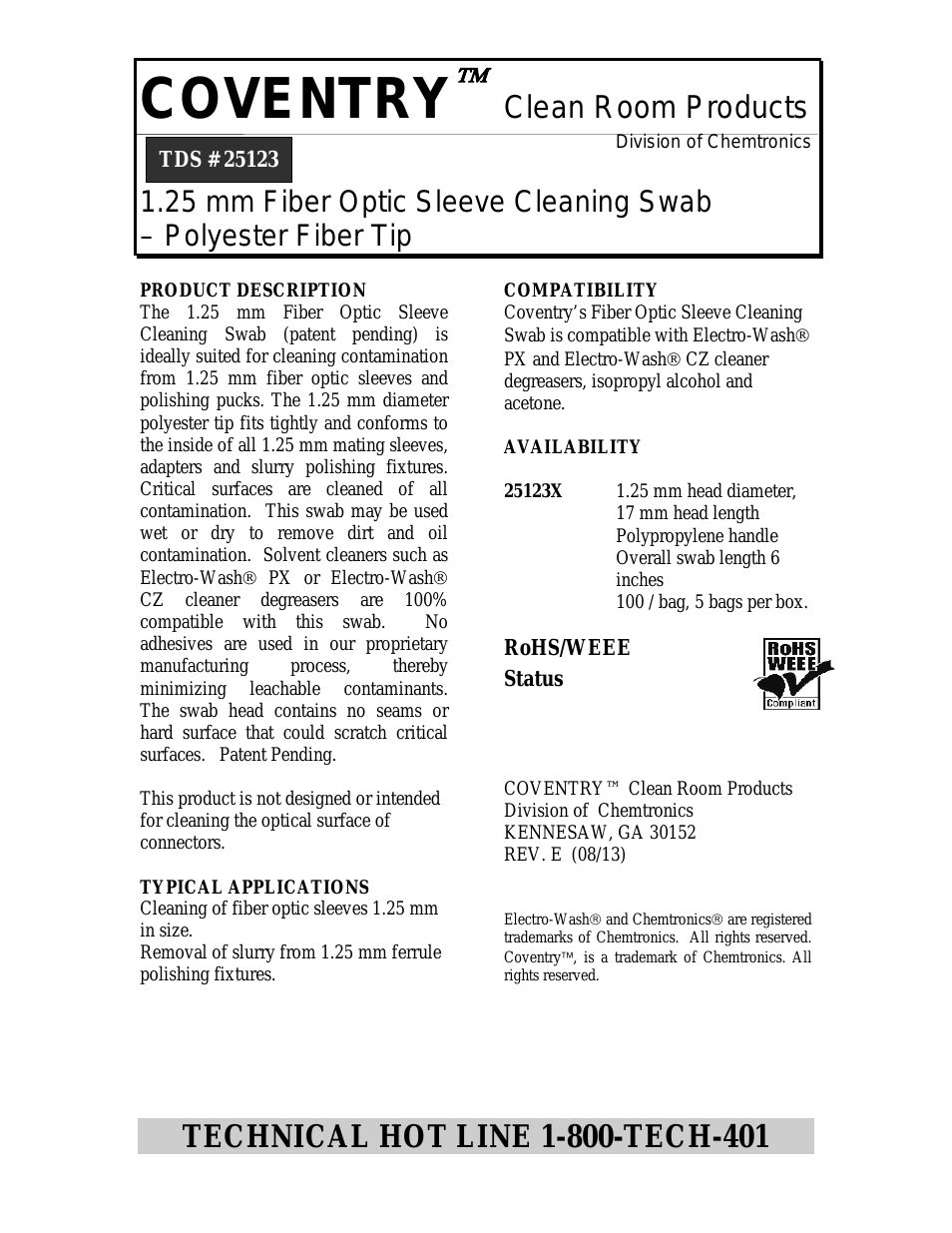 1.25mm Fiber Optic Sleeve Cleaning Swab 25123X