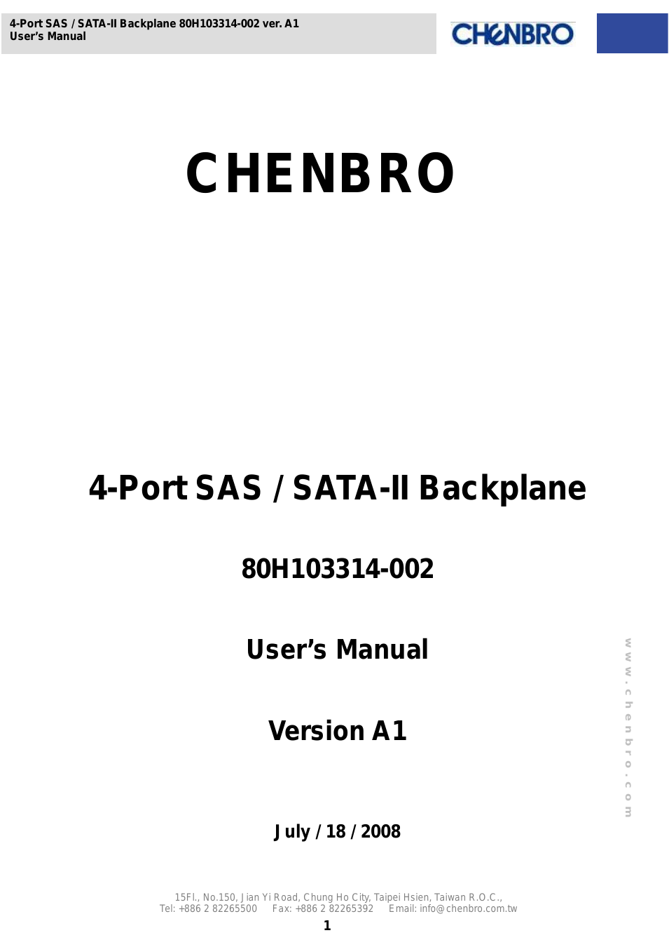 RM31408 3Gb/s 4-port 3.5 SATA/SAS Backplane(80H103314-002), Rev. A1 - Manual