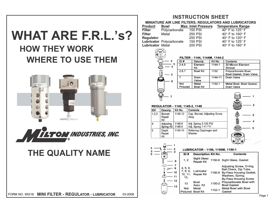 MINIATURE AIR LINE - Lubricator 1150, 1150M, 1150-1 - Form 9X018