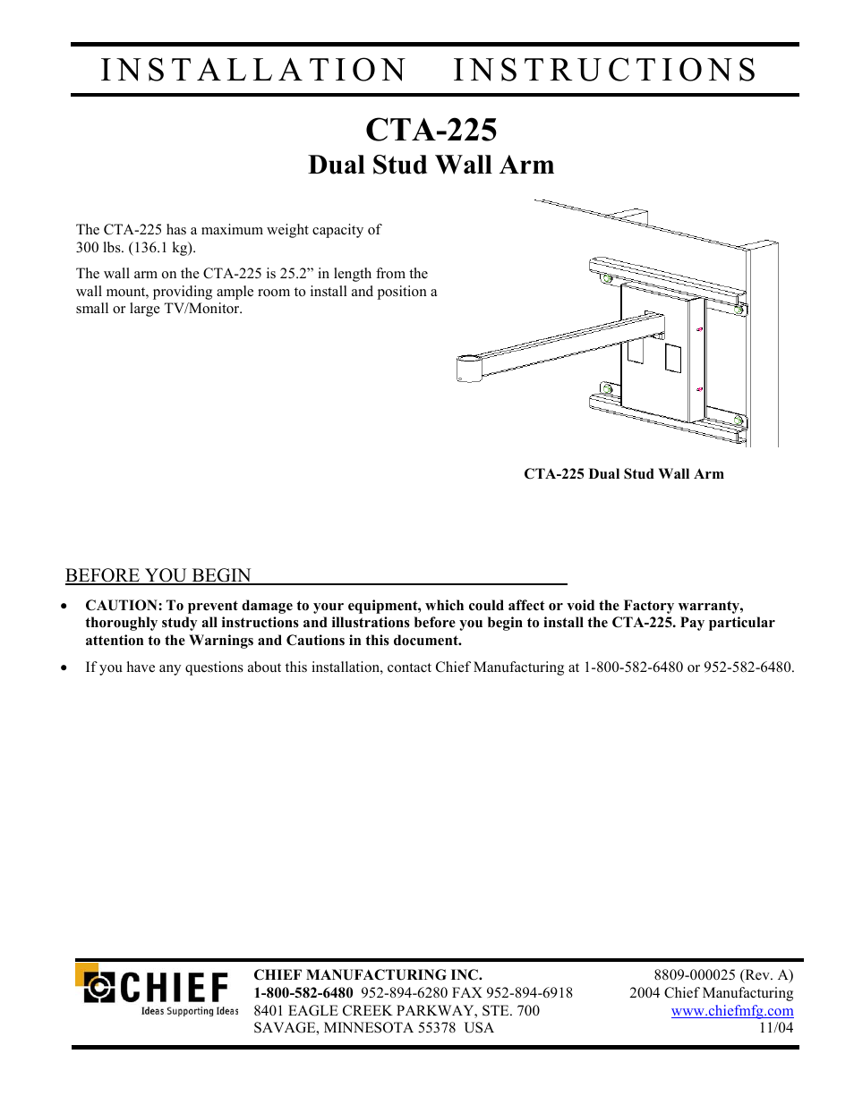 Dual Stud Wall Arm CTA-225