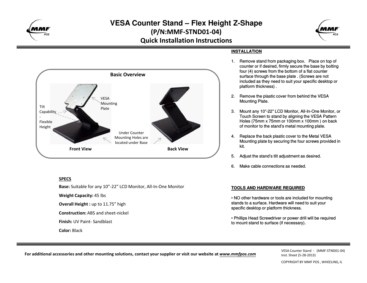 MMF-STND01-04: Flex height – VESA Compatible Stand- Z-Design
