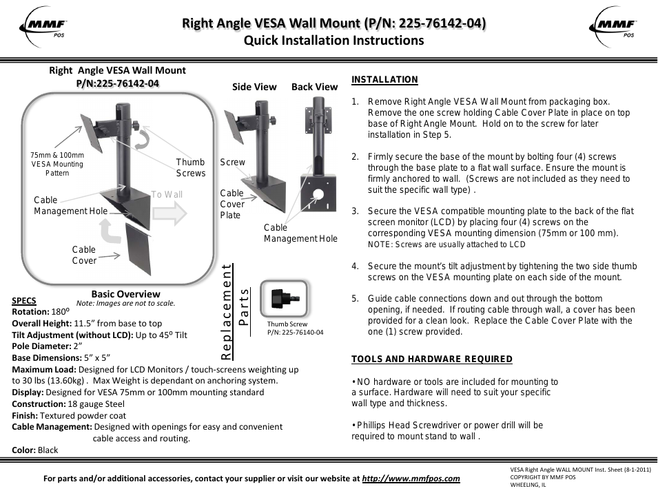 VESA WALL MOUNT, RIGHT ANGLE , TILT & SWIVEL WITH 4 ARM 75/100mm KIT