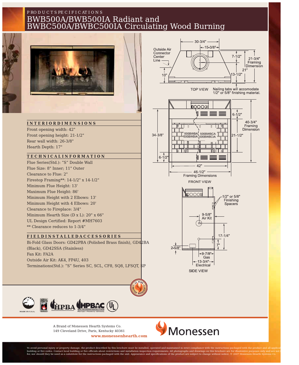 36" and 42" Wood Burning Fireplaces BWBC500A