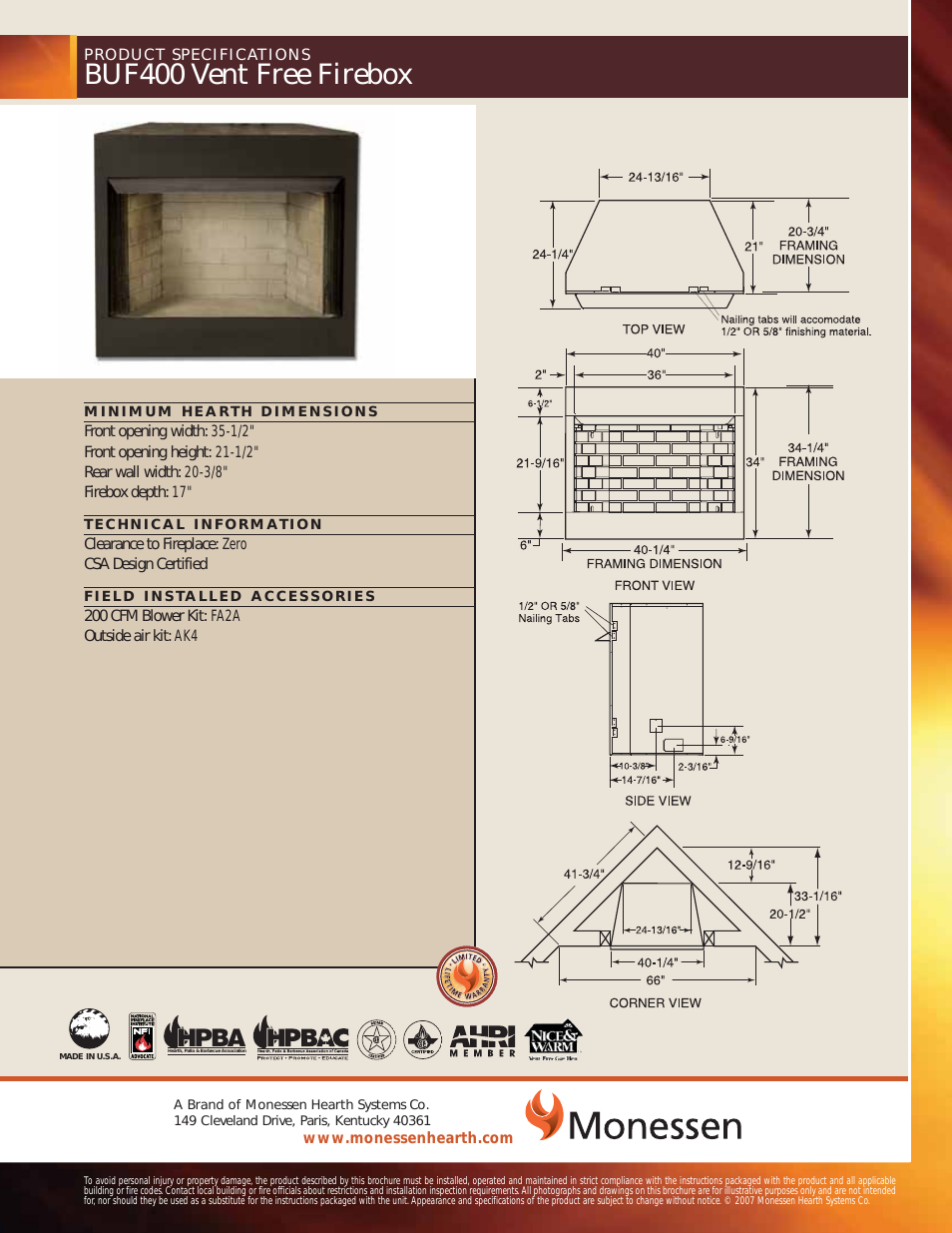 Unvented Vent-Free Fireboxes BUF400