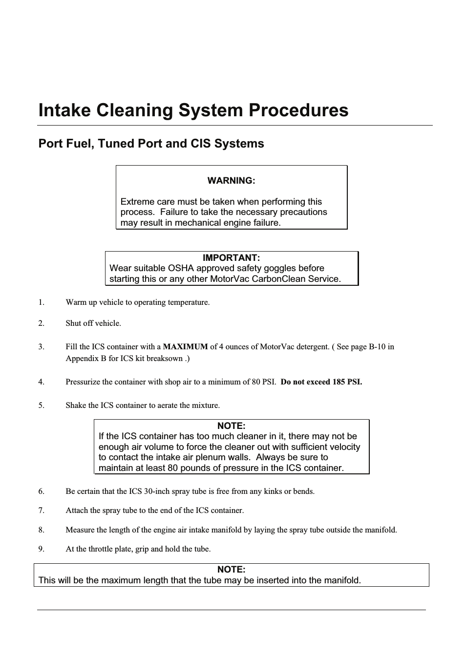 Intake Cleaning System Procedures