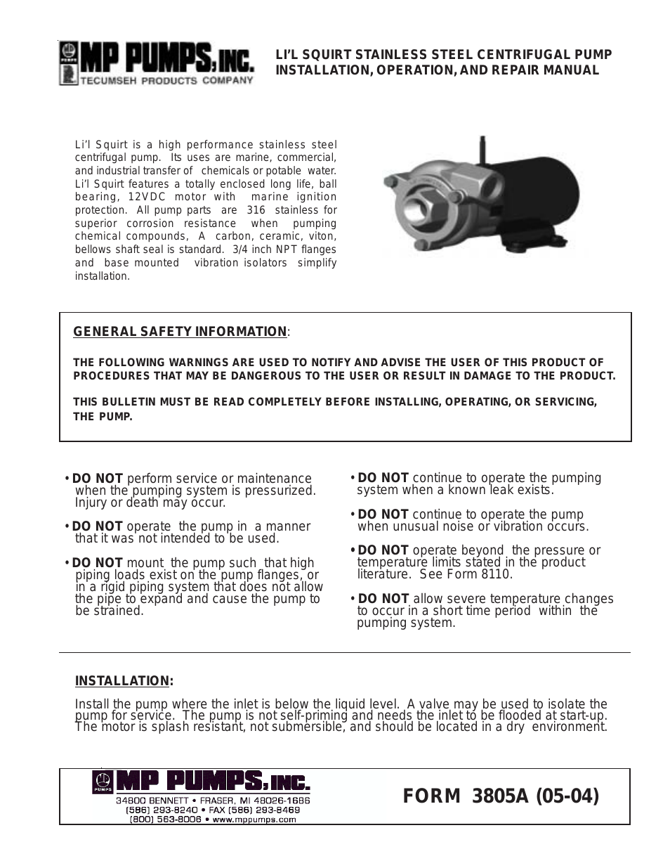 LI-L SQUIRT STAINLESS STEEL CENTRIFUGAL PUMP INSTRUCTION
