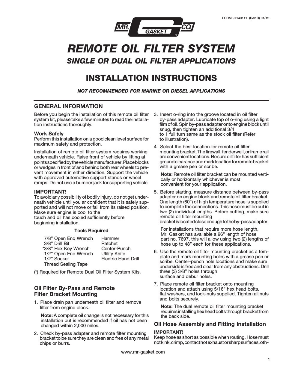 Mr Gasket 7682 Remote Oil Filter System 