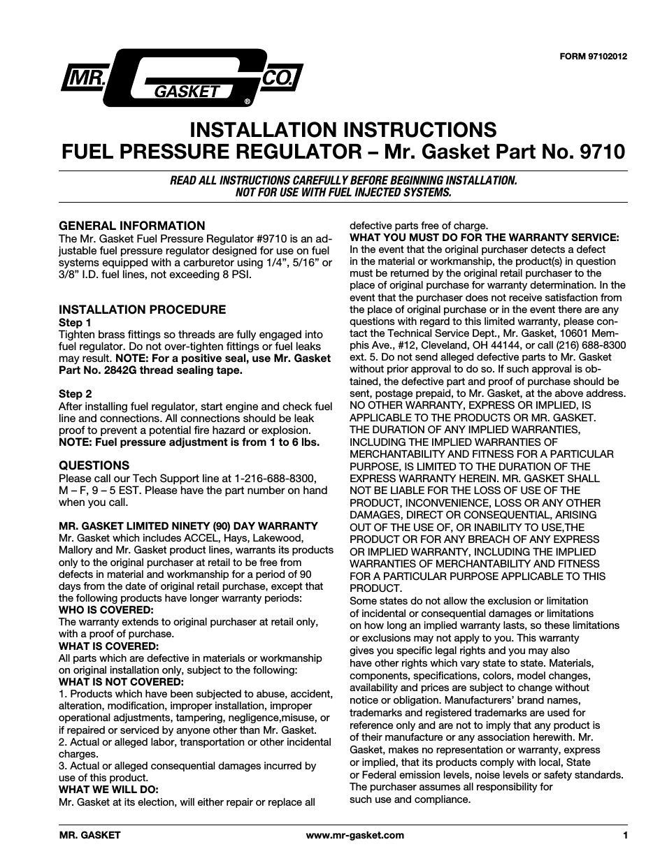 9710 Fuel Pressure Regulator: Adjustable