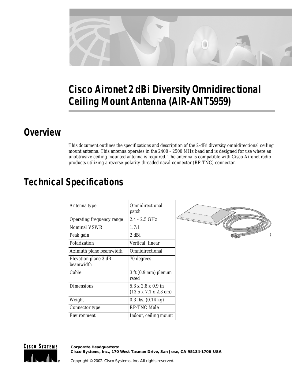 Aironet 2 dBi Diversity Omnidirectional Ceiling Mount Antenna AIR-ANT5959