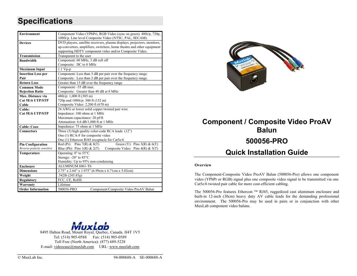 Component-Composite Video ProAV Balun