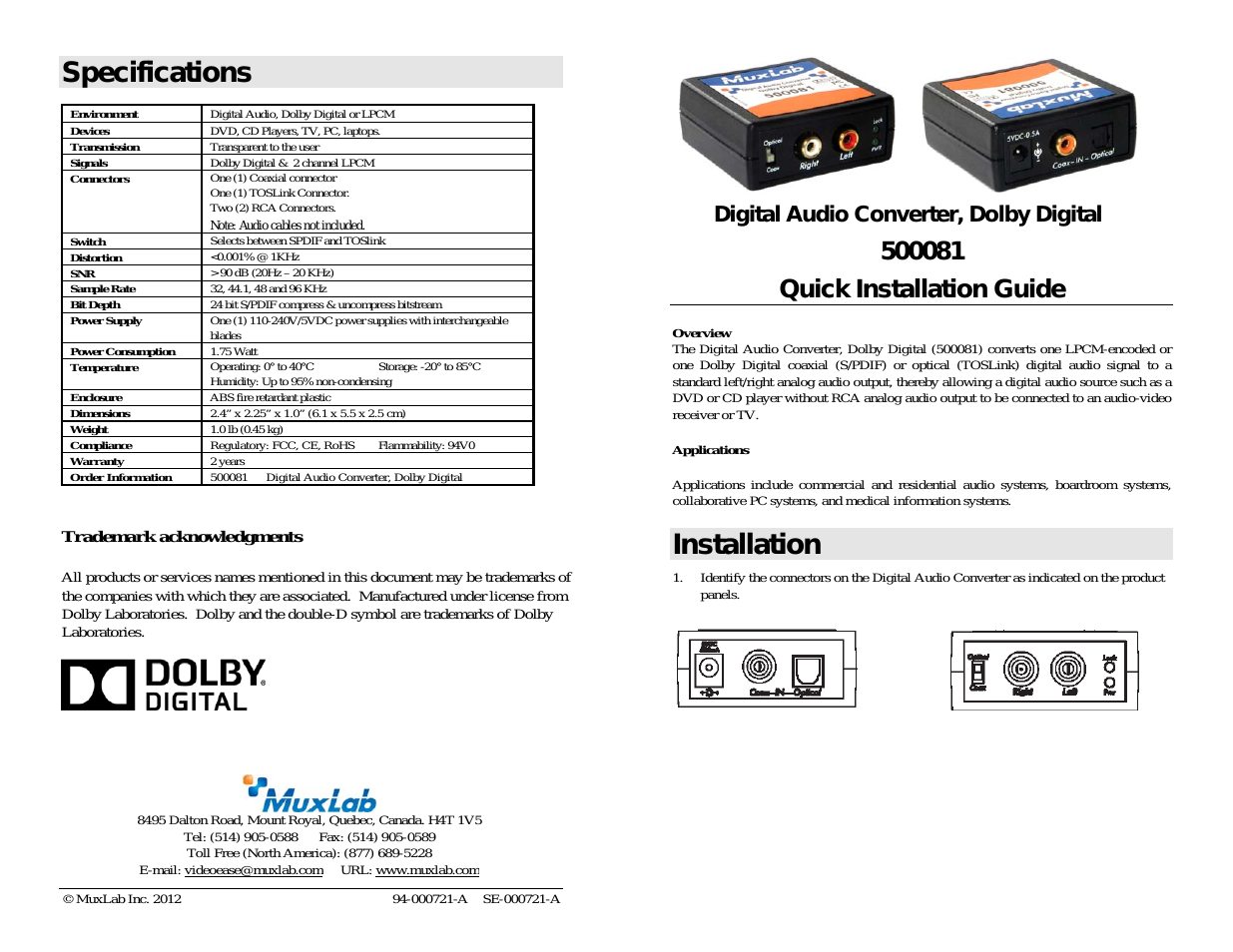 Digital Audio Converter, Dolby ® Digital