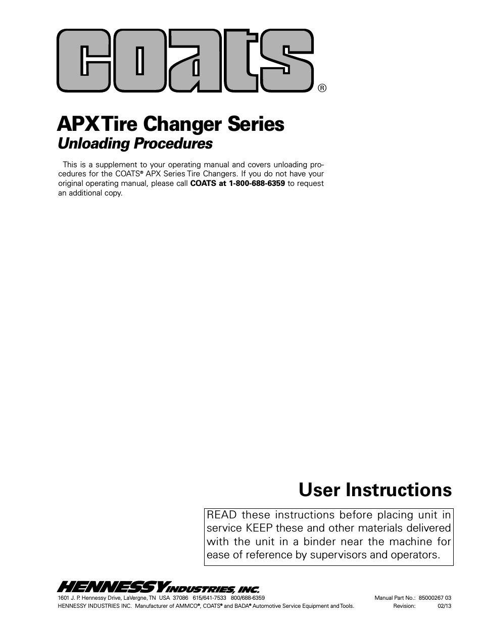 APX Tire Changer Series Unloading Procedures