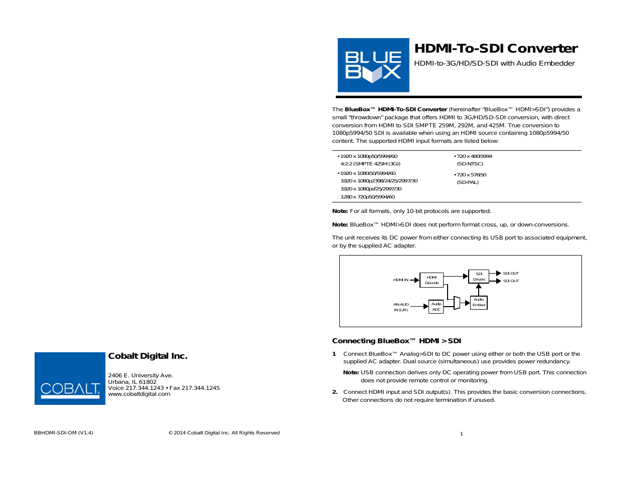 BLUE BOX GROUP HDMI-To-SDI HDMI-to-3G_HD_SD-SDI