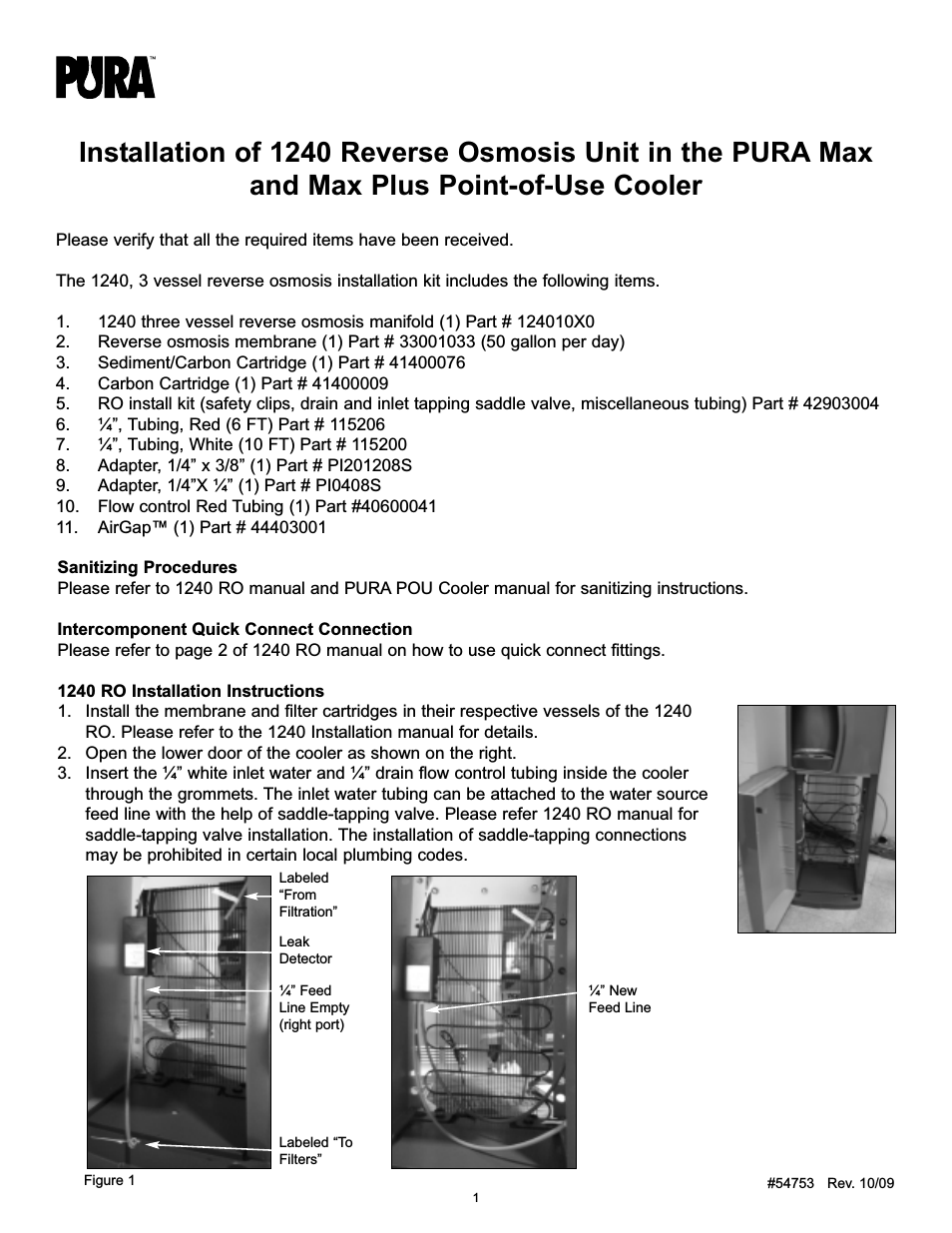 PURA Max and Max Plus Point-of-Use Cooler 1240 Reverse Osmosis Unit Installation Manual