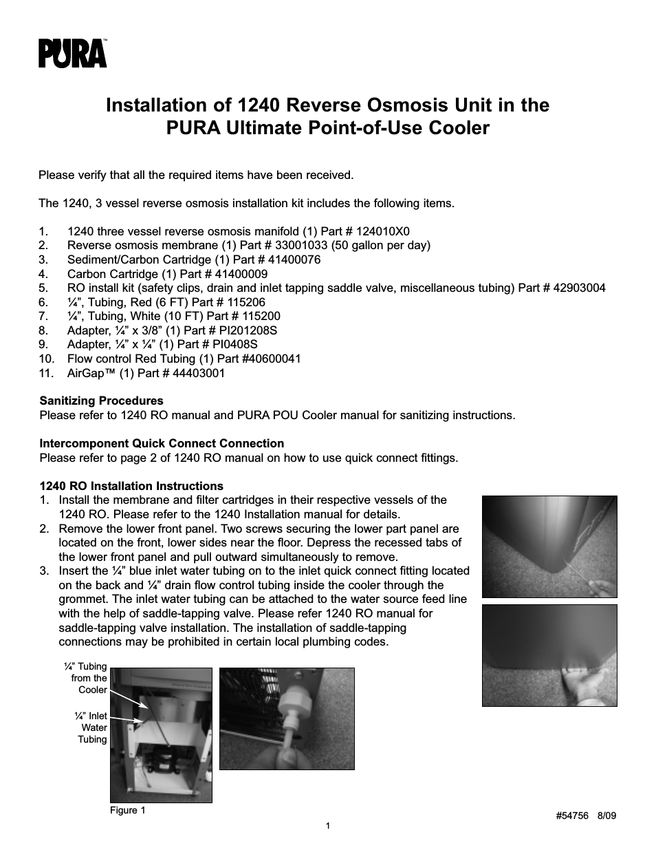 PURA Ultimate Point-of-Use Cooler 1240 Reverse Osmosis Unit Installation Manual
