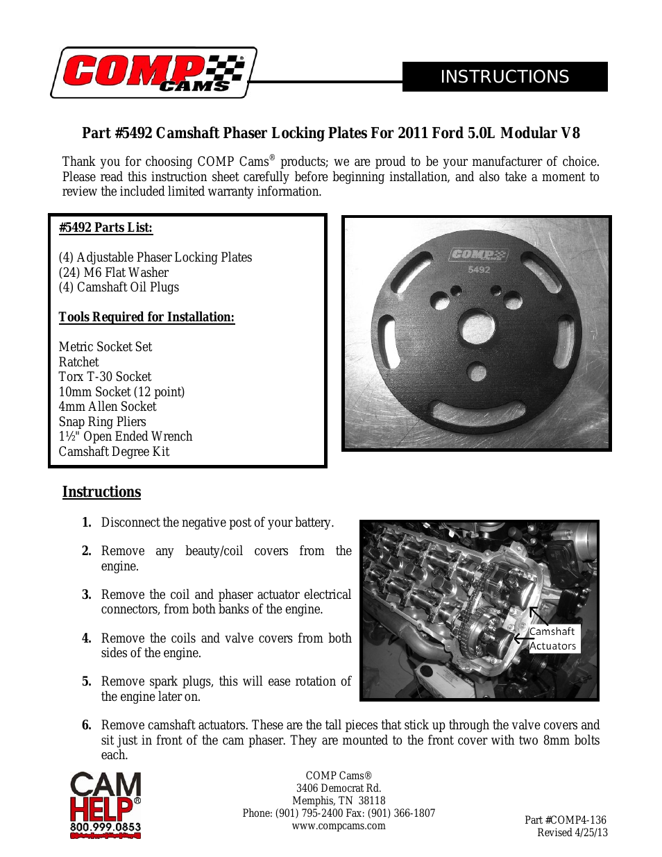 5492 Camshaft Phaser Locking Plates For 2011 Ford 5.0L Modular V8
