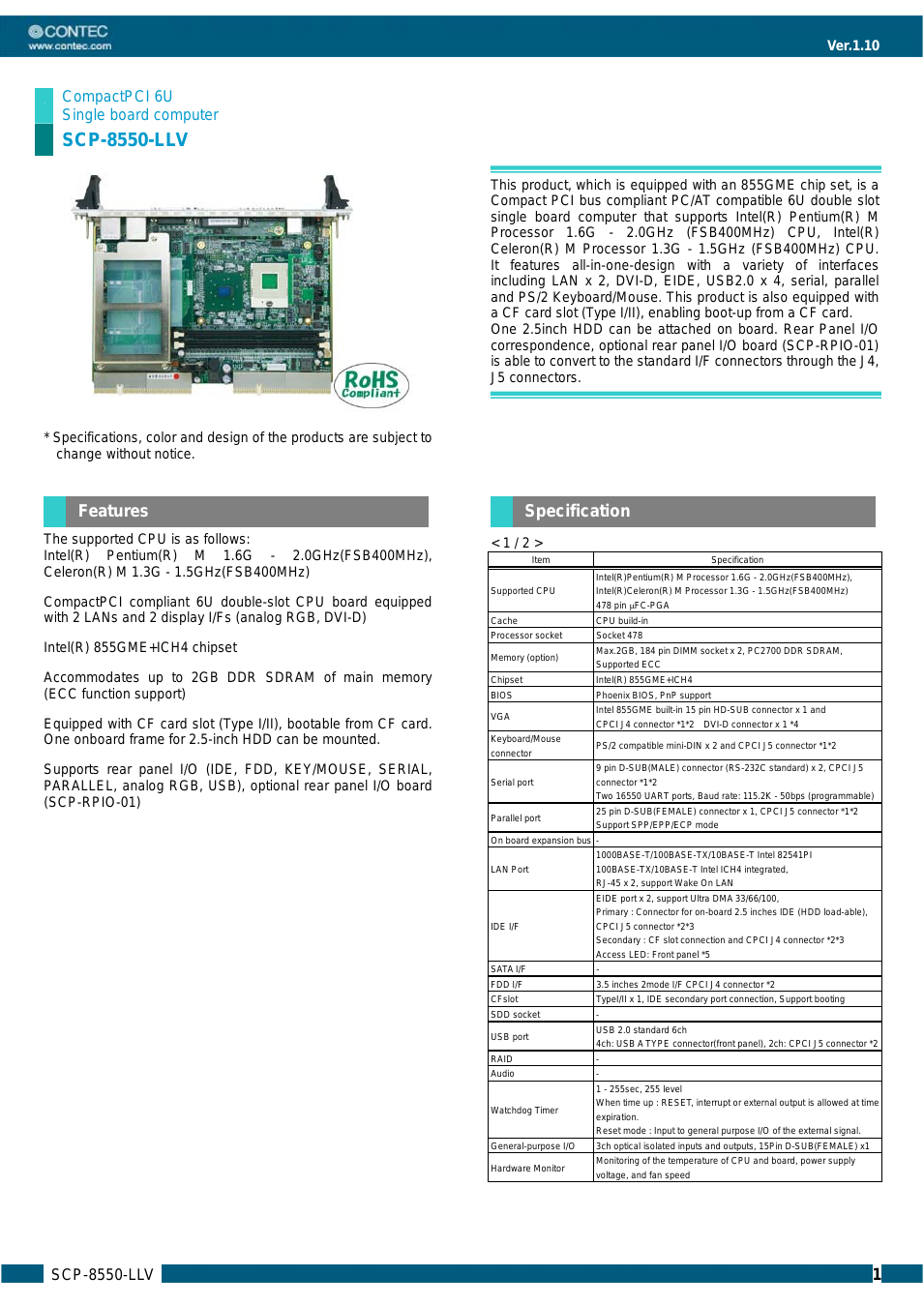CompactPCI Single board Computer SCP-8550-LLV