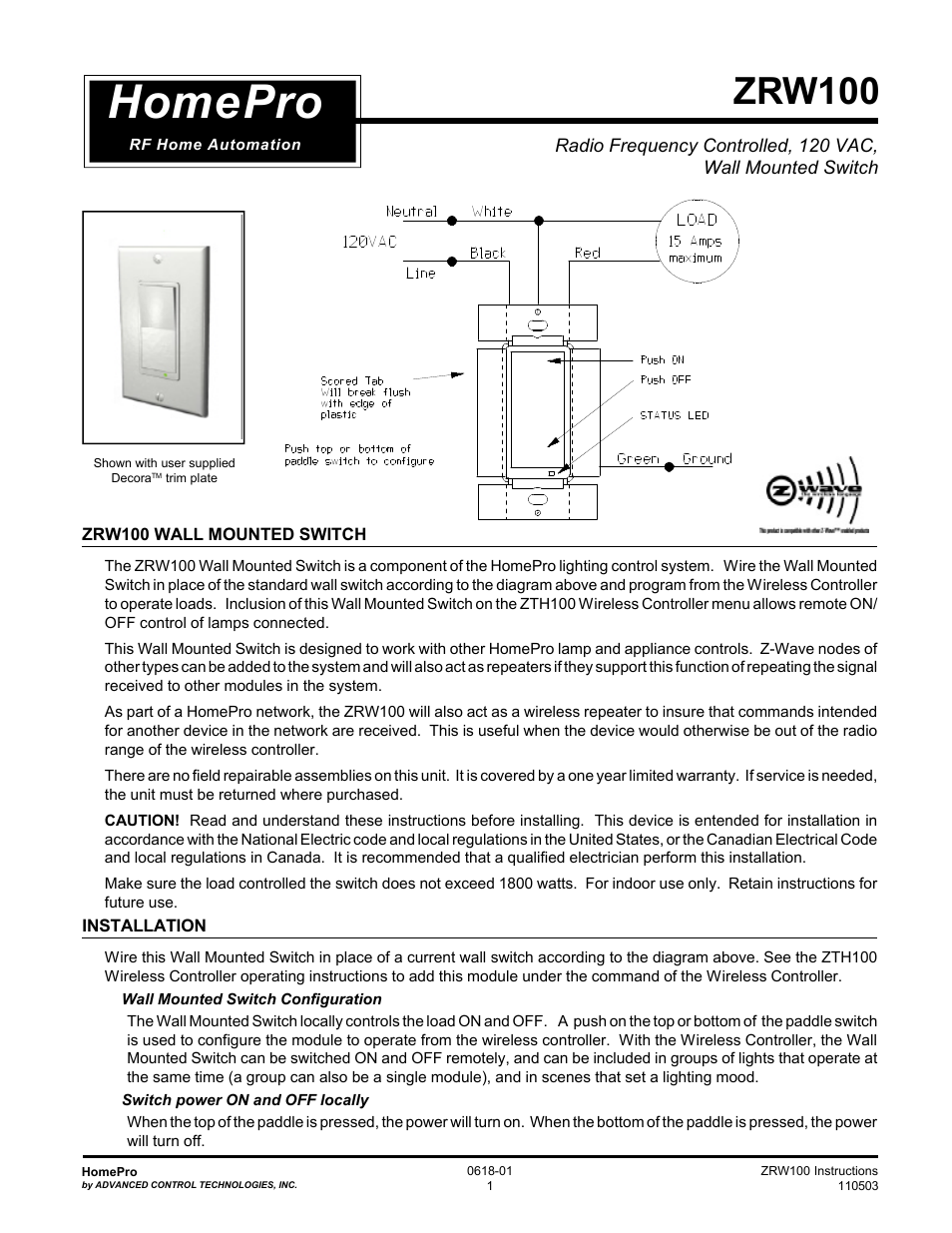 Specs Instructions ZRW100I (RF 120 VAC, 15A, Feed ThroughWall Switch, Ivory)